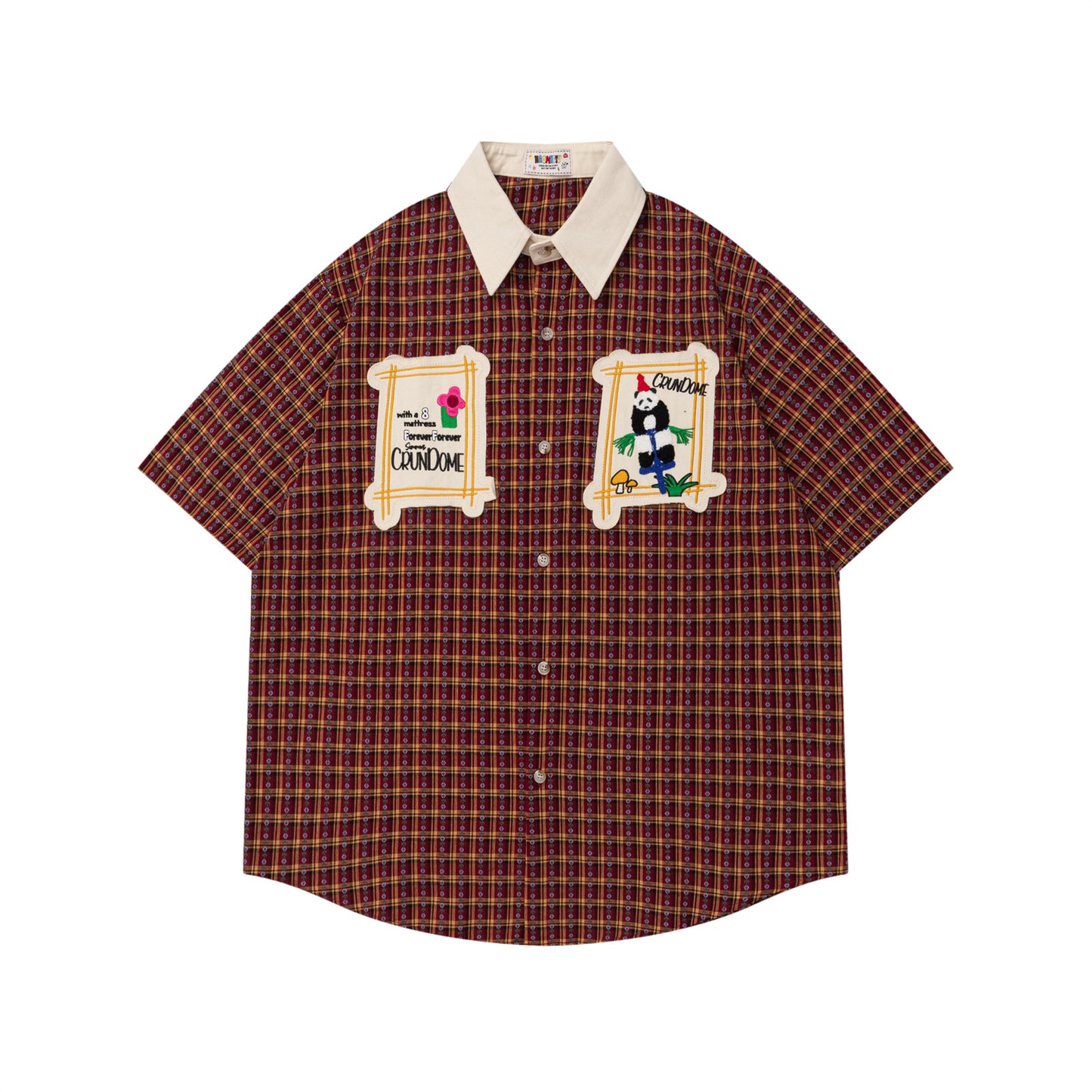 𝔼mbro 𝕊hirt𒉽美式復古可愛熊貓刺繡格子襯衫N-6