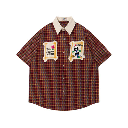 𝔼mbro 𝕊hirt𒉽美式復古可愛熊貓刺繡格子襯衫N-6