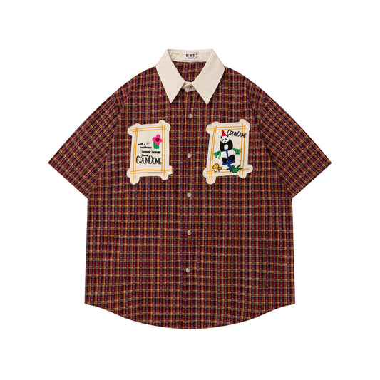 𝔼mbro 𝕊hirt𒉽美式復古可愛熊貓刺繡格子襯衫N-6