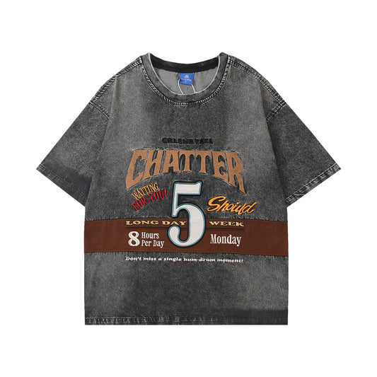 𝕃oose 𝔽it ☞𝟤𝟢𝟤𝟧 ☜美式復古卡通刺繡圓領男女中性 T-Shirt寬版上衣CH-56