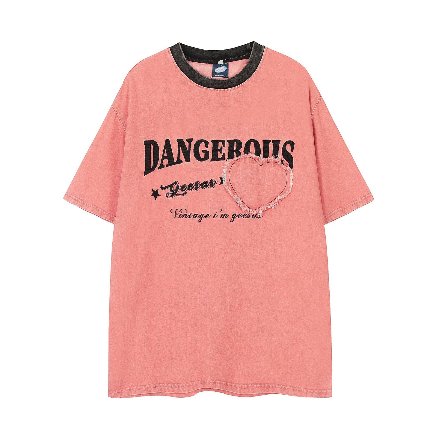 𝕃oose 𝔽it ☞𝟤𝟢𝟤𝟧 ☜美式做舊水洗貼布字母設計圓領男女中性 T-Shirt寬版上衣  G-707