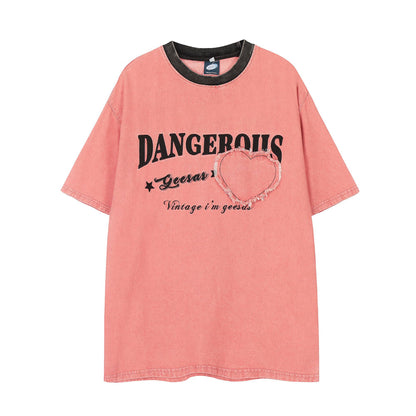 𝕃oose 𝔽it ☞𝟤𝟢𝟤𝟧 ☜美式做舊水洗貼布字母設計圓領男女中性 T-Shirt寬版上衣  G-707