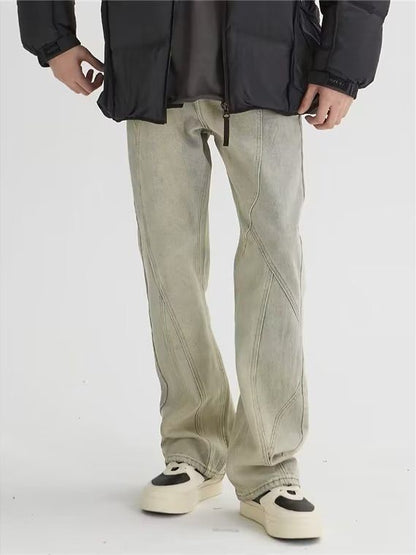 ♜  𝔽𝕦𝕤𝕚𝕠𝕟 𝔽𝕠𝕔𝕦𝕤  𖥟 𝖏𝖊𝖆𝖓𝖘  ☞  美潮高街炸街黄泥染水洗牛仔褲線條設計感潮牌直筒微喇吧拖地褲 B-15