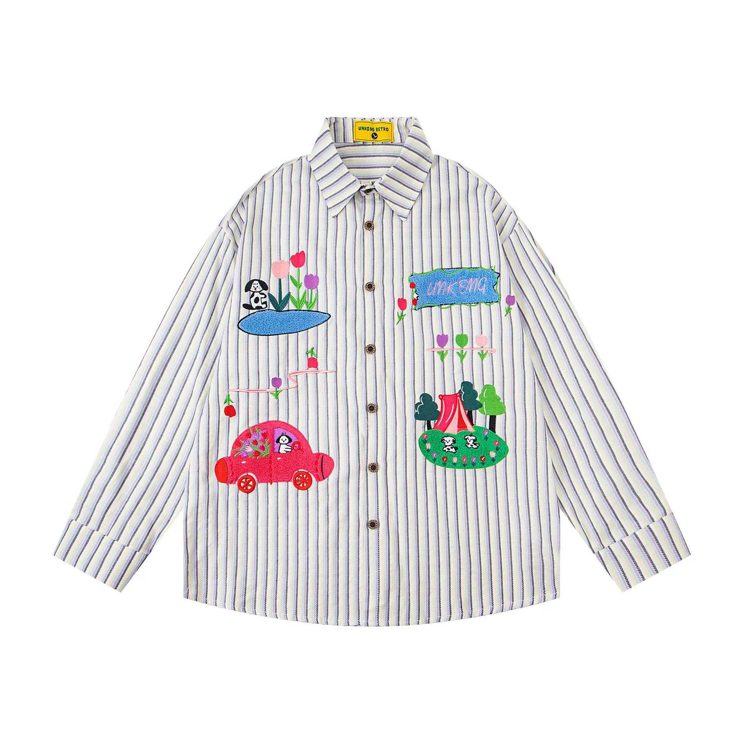 𝔼mbro 𝕊hirt𒉽2025秋冬卡通趣味條紋寬鬆襯衫U-45