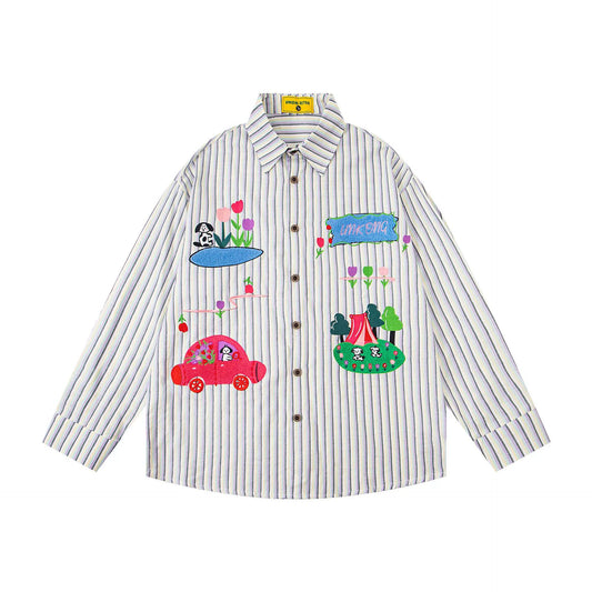 𝔼mbro 𝕊hirt𒉽2025秋冬卡通趣味條紋寬鬆襯衫U-45