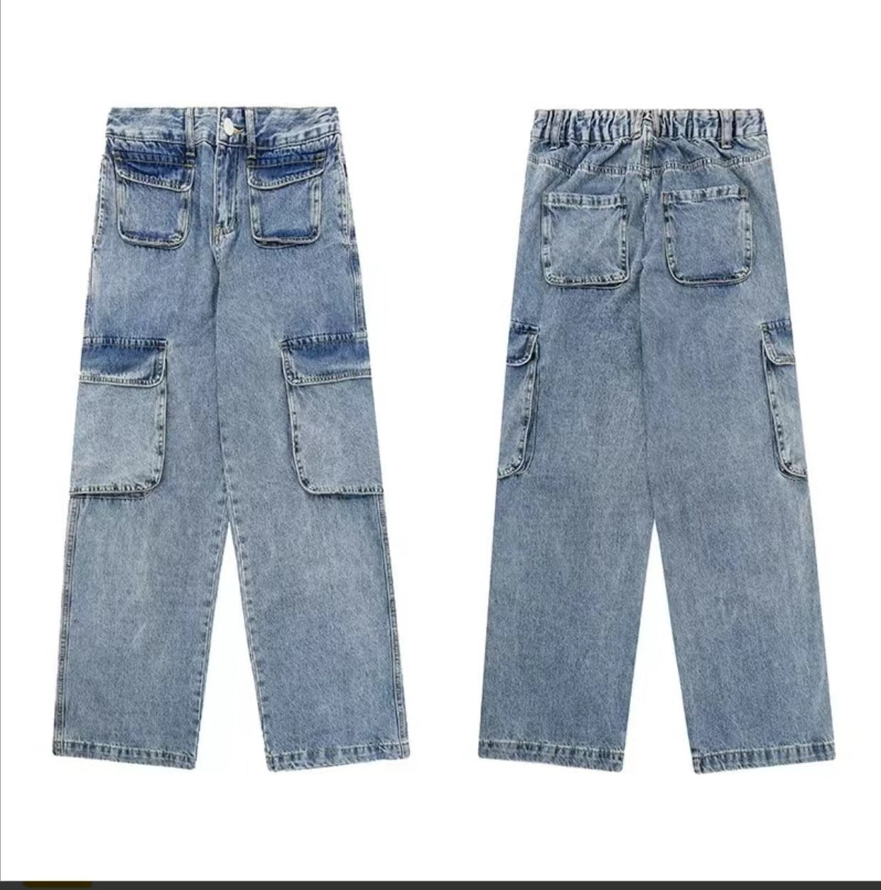 ♜  𝔽𝕦𝕤𝕚𝕠𝕟 𝔽𝕠𝕔𝕦𝕤  𖥟 𝖏𝖊𝖆𝖓𝖘  ☞ 美式復古做舊闊腿潮多口袋工裝男女時髦高街設計感直筒長褲牛仔褲 B-19