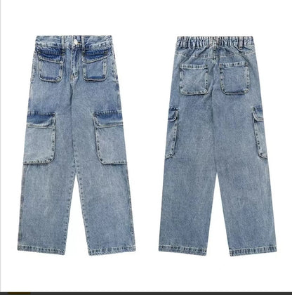 ♜  𝔽𝕦𝕤𝕚𝕠𝕟 𝔽𝕠𝕔𝕦𝕤  𖥟 𝖏𝖊𝖆𝖓𝖘  ☞ 美式復古做舊闊腿潮多口袋工裝男女時髦高街設計感直筒長褲牛仔褲 B-19