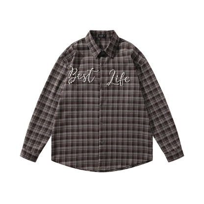 𝔼mbro 𝕊hirt𒉽2025秋冬復古格子寬鬆襯衫外套JD-2