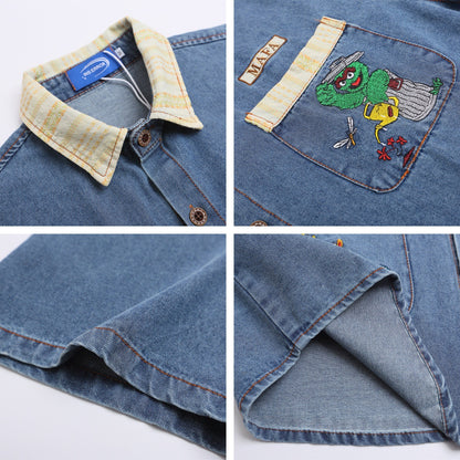 𝔼mbro 𝕊hirt𒉽美式復古趣味卡通刺繡牛仔休閒襯衫外套	 I-727