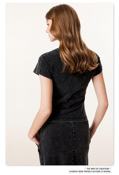 Fierce & Fitted 夏季辣妹必備INS緊身短款上衣 收腰直筒長裙套裝N-7 復古黑