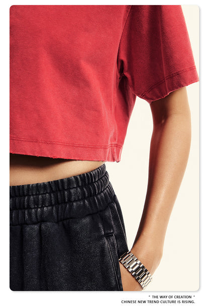 Fierce & Fitted 夏季美式復古做舊辣妹短款T袖N-6 水洗紅