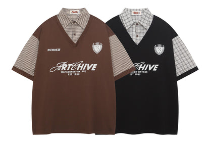 Polo Shirt𒉽美式復古印花拼接假兩件翻領POLO衫I-510