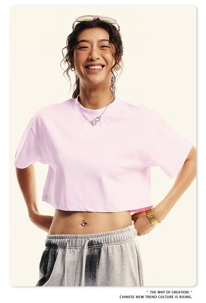Fierce & Fitted 夏季美式復古做舊辣妹短款T袖N-7 水洗粉色