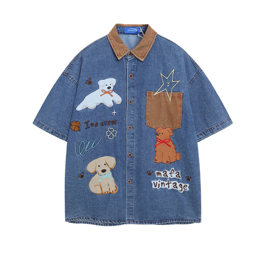 𝔼mbro 𝕊hirt𒉽美式復古拼接燈芯絨貼布繡小狗圖案牛仔寬鬆短袖襯衫外套