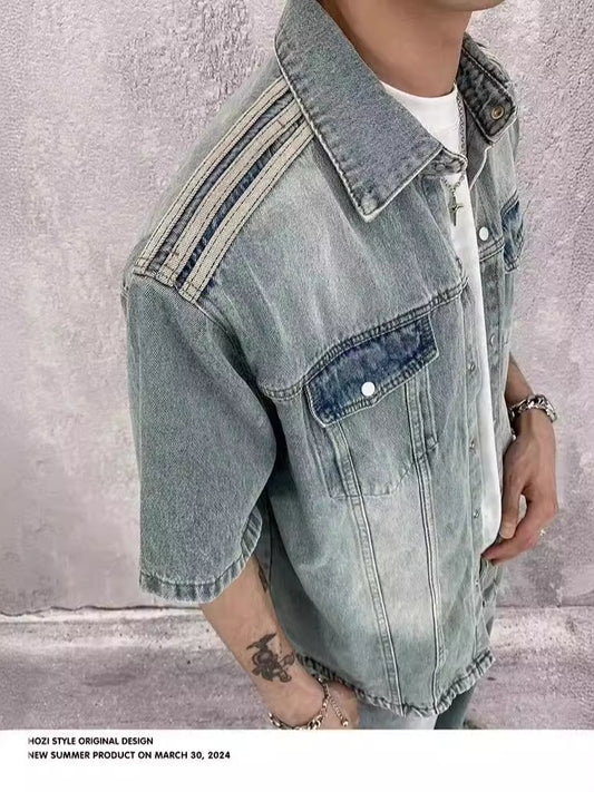 美式復古牛仔水洗短袖襯衫 CZ99