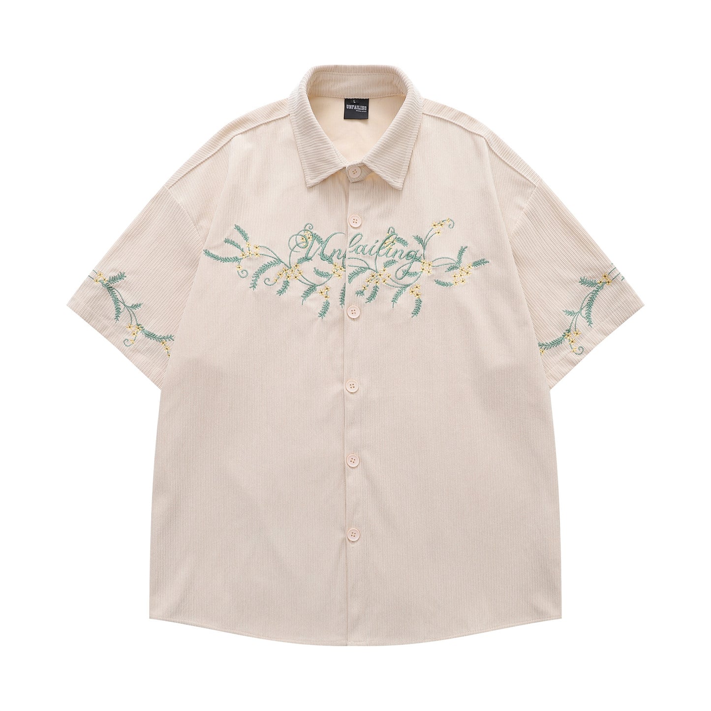 𝔼mbro 𝕊hirt𒉽美式復古花卉刺繡燈芯絨短袖寬鬆襯衫Y-7