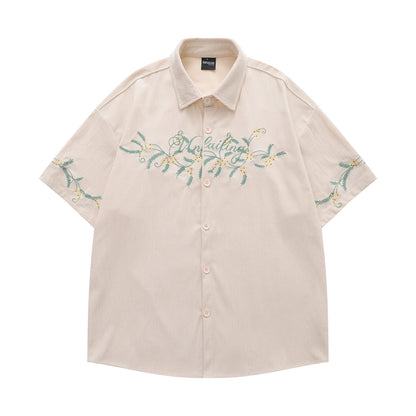 𝔼mbro 𝕊hirt𒉽美式復古花卉刺繡燈芯絨短袖寬鬆襯衫Y-7