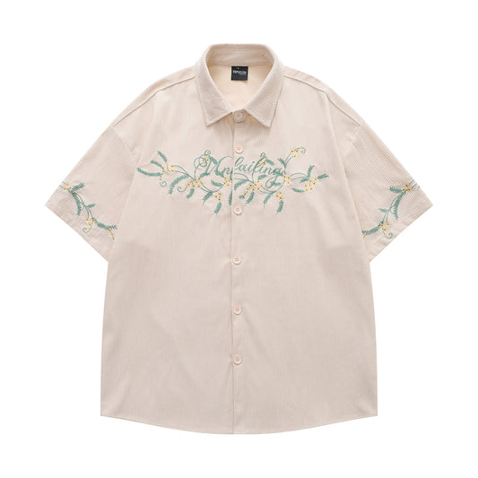 𝔼mbro 𝕊hirt𒉽美式復古花卉刺繡燈芯絨短袖寬鬆襯衫Y-7