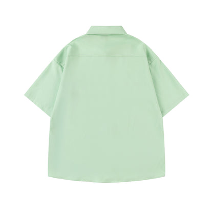 𝔼mbro 𝕊hirt𒉽美式復古可愛小狗刺繡寬鬆百搭短袖襯衫 (綠色)