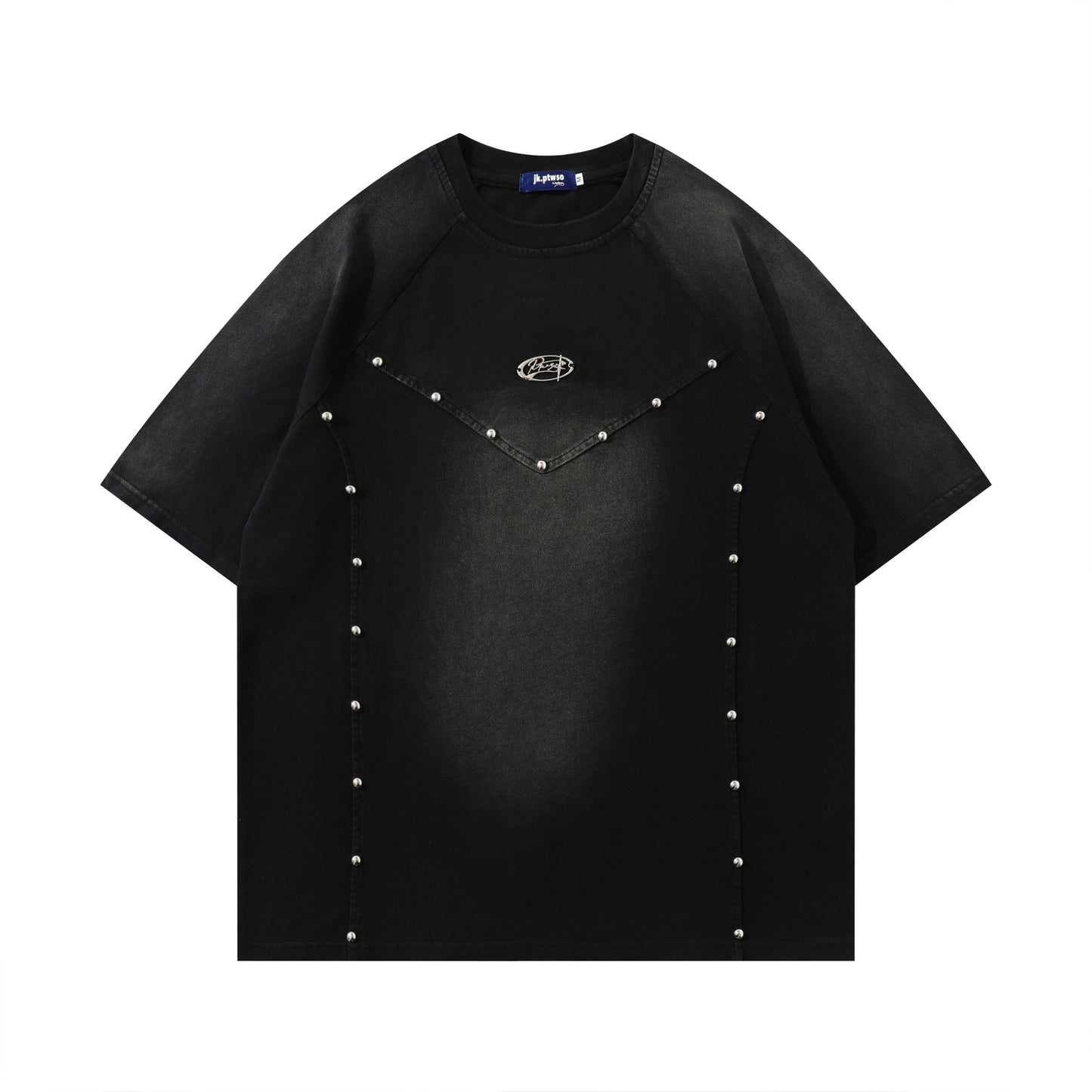 𝕃oose 𝔽it ☞𝟤𝟢𝟤𝟧 ☜美式復古拼接鉚釘圓領男女中性 T-Shirt寬版上衣J-5