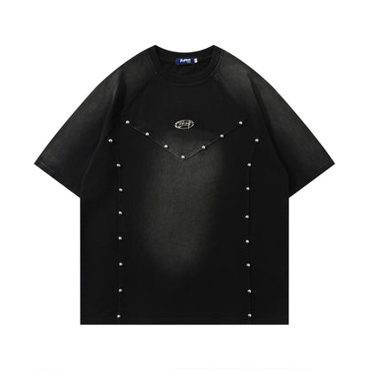 𝕃oose 𝔽it ☞𝟤𝟢𝟤𝟧 ☜美式復古拼接鉚釘圓領男女中性 T-Shirt寬版上衣J-5