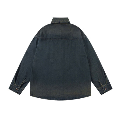 𝔼mbro 𝕊hirt𒉽2025秋冬水洗小花刺繡牛仔寬鬆襯衫U-79