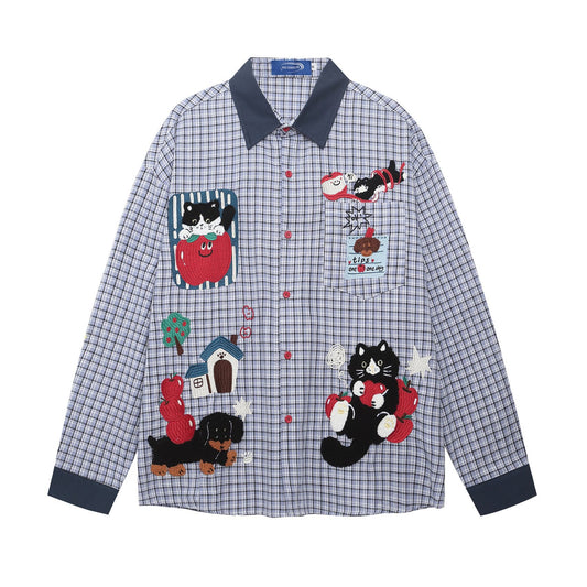 𝔼mbro 𝕊hirt𒉽2025秋冬貓咪刺繡寬鬆襯衫外套S-80