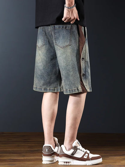 ♜  𝔽𝕦𝕤𝕚𝕠𝕟 𝔽𝕠𝕔𝕦𝕤  𖥟 𝖏𝖊𝖆𝖓𝖘  ☞ 美式復古牛仔短褲夏季新款寬鬆重磅水洗五分褲休閒拼接褲 Bs-12