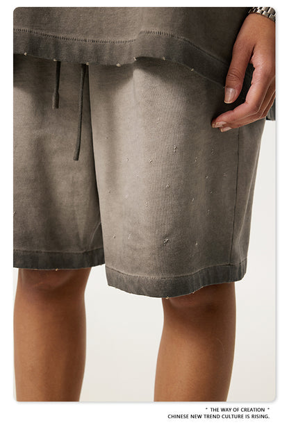 ♛𝔽𝕦𝕤𝕚𝕠𝕟 𝔽𝕠𝕔𝕦𝕤 ♛2025夏季復古街頭VINE風漸變寬鬆運動休閒五分褲 K-76