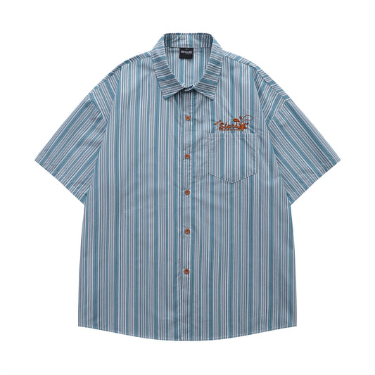 𝔼mbro 𝕊hirt𒉽日式復古字母刺繡條紋百搭休閒短袖襯衫 (藍色)