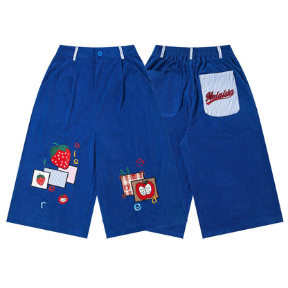 𖥟𝕽𝖊𝖑𝖆𝖝𝖊𝖉 𝖋𝖎𝖙  ☞美式復古卡通刺繡燈芯絨七分褲M-20