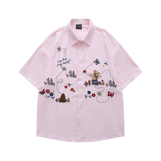 𝔼mbro 𝕊hirt𒉽美式復古趣味可愛小熊短袖寬鬆襯衫YD-13