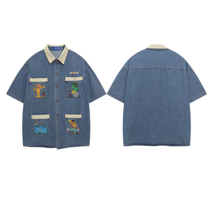 𝔼mbro 𝕊hirt𒉽美式復古趣味卡通刺繡牛仔休閒襯衫外套	 I-727