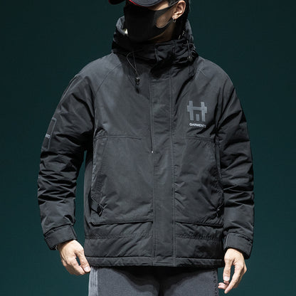 snɔoɟ uoı̣snɟ - 卡其色工裝羽绒服短款寬鬆大碼冬季加厚帥氣潮牌連帽外套 FG-358