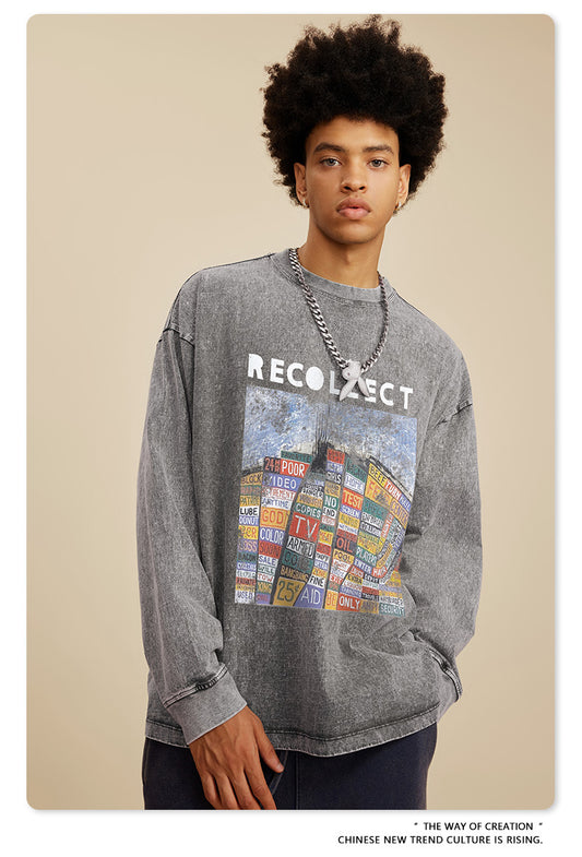 ♛𝔽𝕦𝕤𝕚𝕠𝕟 𝔽𝕠𝕔𝕦𝕤 ♛2025秋冬復古水洗印花大學T W-33