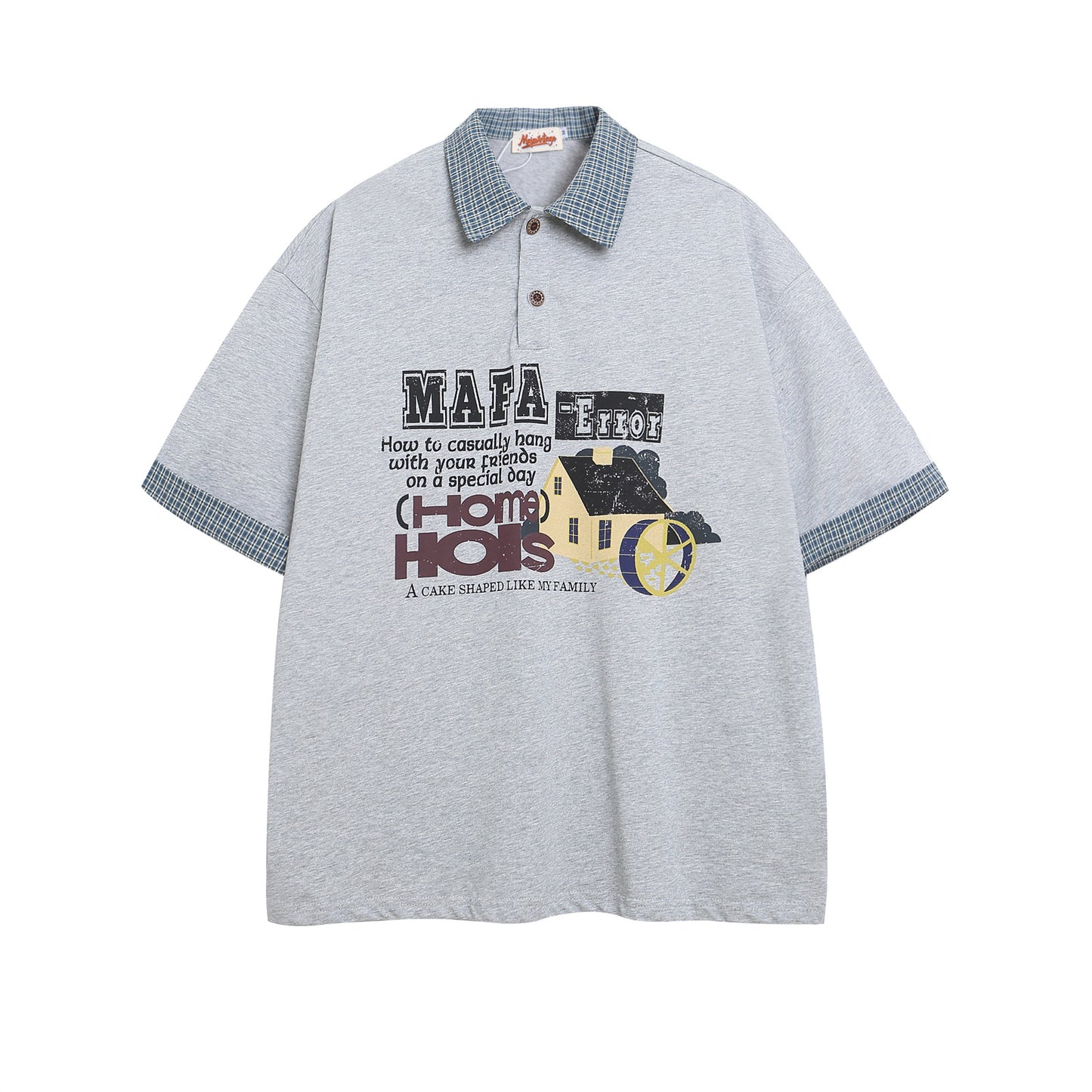 Polo Shirt𒉽美式復古印花拼接假兩件翻領POLO衫I-37