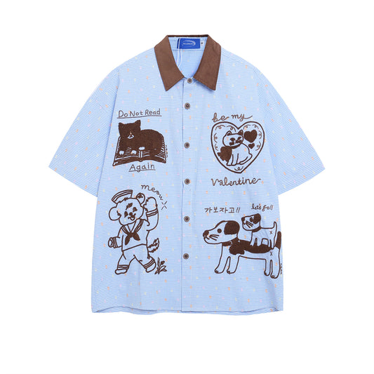 𝕃oose 𝔽it ☞𝟤𝟢𝟤𝟧 ☜美式復古可愛動物圖短袖寬鬆襯衫 IN-652