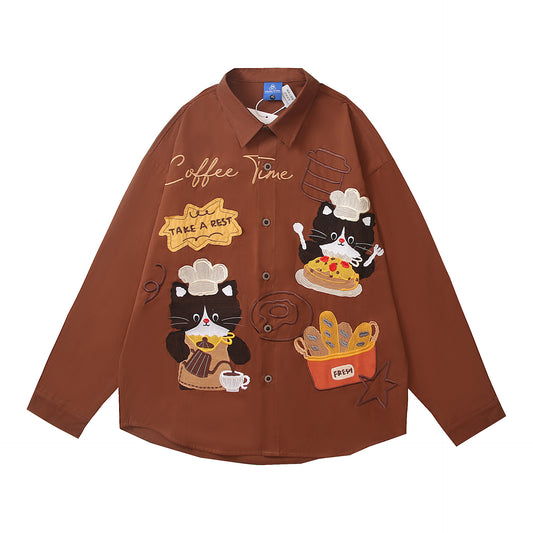 𝔼mbro 𝕊hirt𒉽2025秋冬復古小貓重工刺繡長袖襯衫C-01