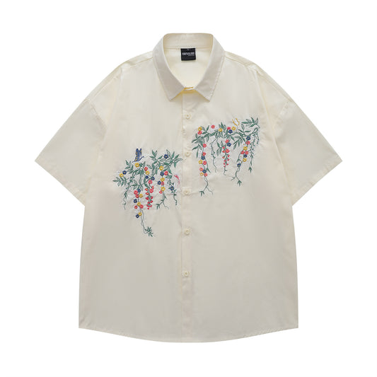 𝔼mbro 𝕊hirt𒉽日式復古花卉刺繡短袖百搭休閒襯衫 (米黃色)