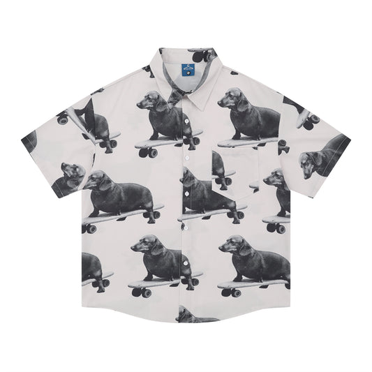 𝕃oose 𝔽it ☞𝟤𝟢𝟤𝟧 ☜日式復古狗狗滑板滿印百搭休閒寬鬆襯衫  YJ-2