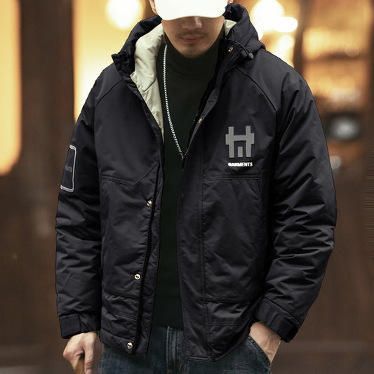 snɔoɟ uoı̣snɟ - 格藍鹿黑色工裝羽絨服短款寬鬆冬季加厚潮牌連帽外套 FG-158