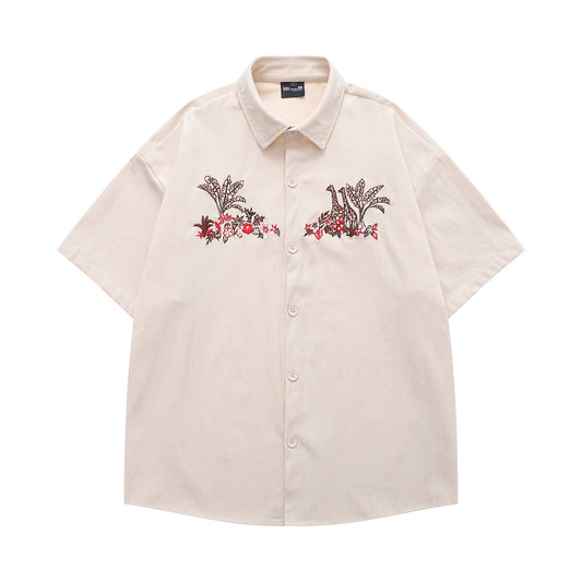 𝔼mbro 𝕊hirt𒉽美式復古可愛長頸鹿刺繡燈芯絨短袖休閒襯衫 YD-10
