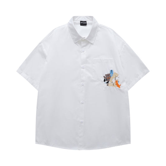 𝔼mbro 𝕊hirt𒉽日式復古可愛刺繡短袖百搭休閒襯衫  (白色)