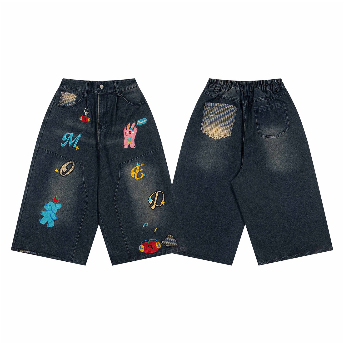 𖥟𝕽𝖊𝖑𝖆𝖝𝖊𝖉 𝖋𝖎𝖙  ☞美式復古卡通刺繡七分褲M-03