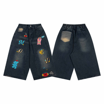 𖥟𝕽𝖊𝖑𝖆𝖝𝖊𝖉 𝖋𝖎𝖙  ☞美式復古卡通刺繡七分褲M-03