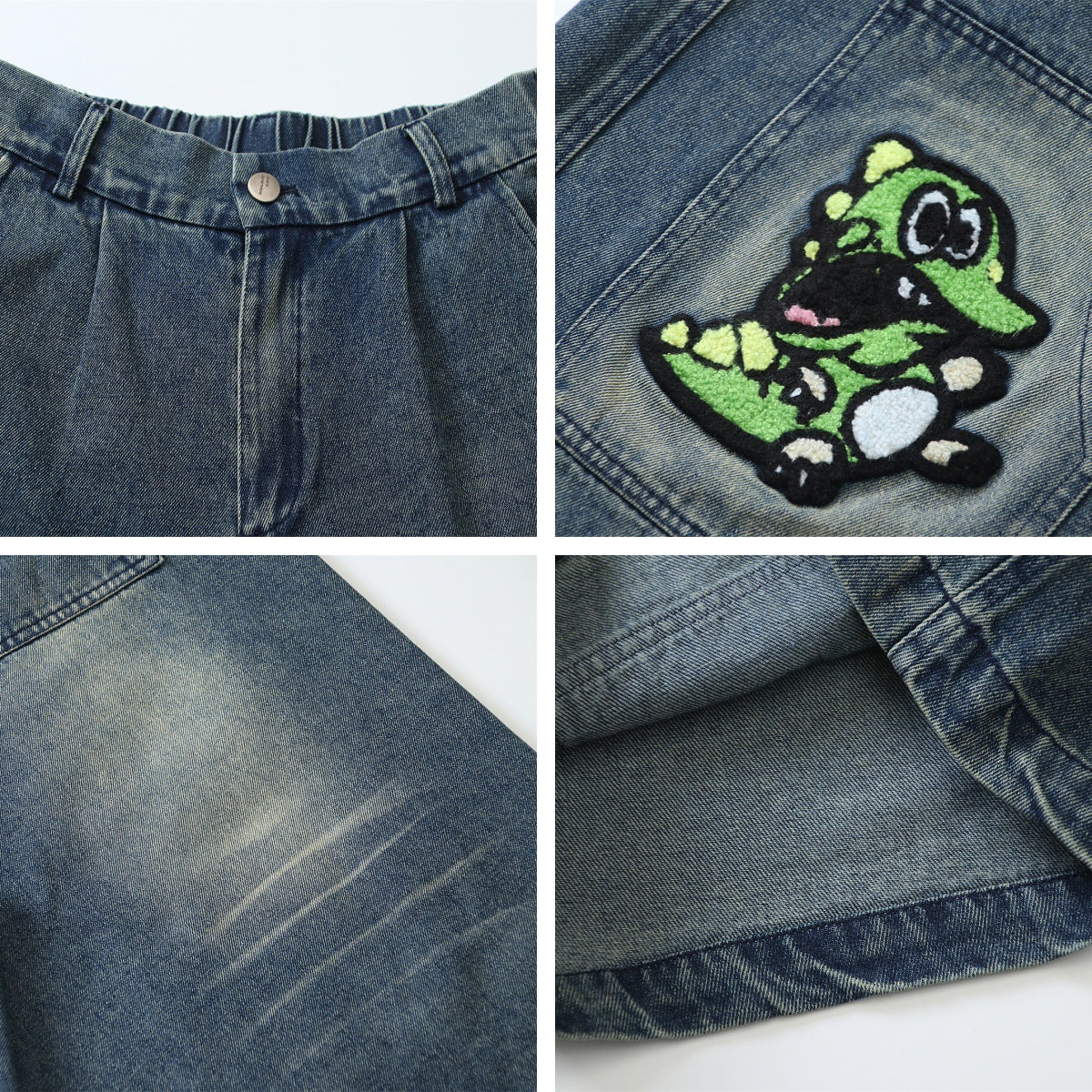 𖥟𝕽𝖊𝖑𝖆𝖝𝖊𝖉 𝖋𝖎𝖙  ☞美式復古水洗卡通刺繡寬鬆牛仔七分褲C-62