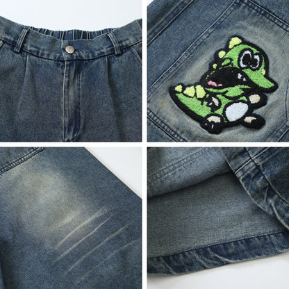 𖥟𝕽𝖊𝖑𝖆𝖝𝖊𝖉 𝖋𝖎𝖙  ☞美式復古水洗卡通刺繡寬鬆牛仔七分褲C-62