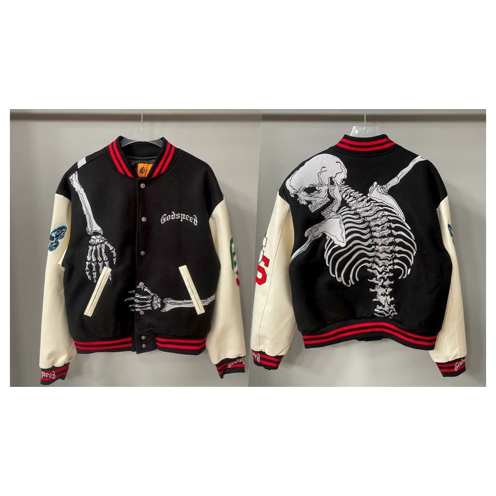 snɔoɟ uoı̣snɟ - 2025SS美式潮牌秋冬新款刺繡骷顱頭夾克棒球服男女同款 SMN-339