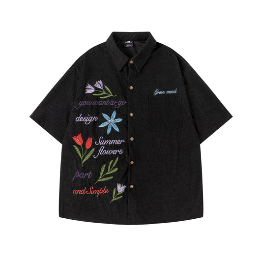 𝔼mbro 𝕊hirt𒉽美式復古花卉刺繡燈芯絨短袖寬鬆襯衫R-82