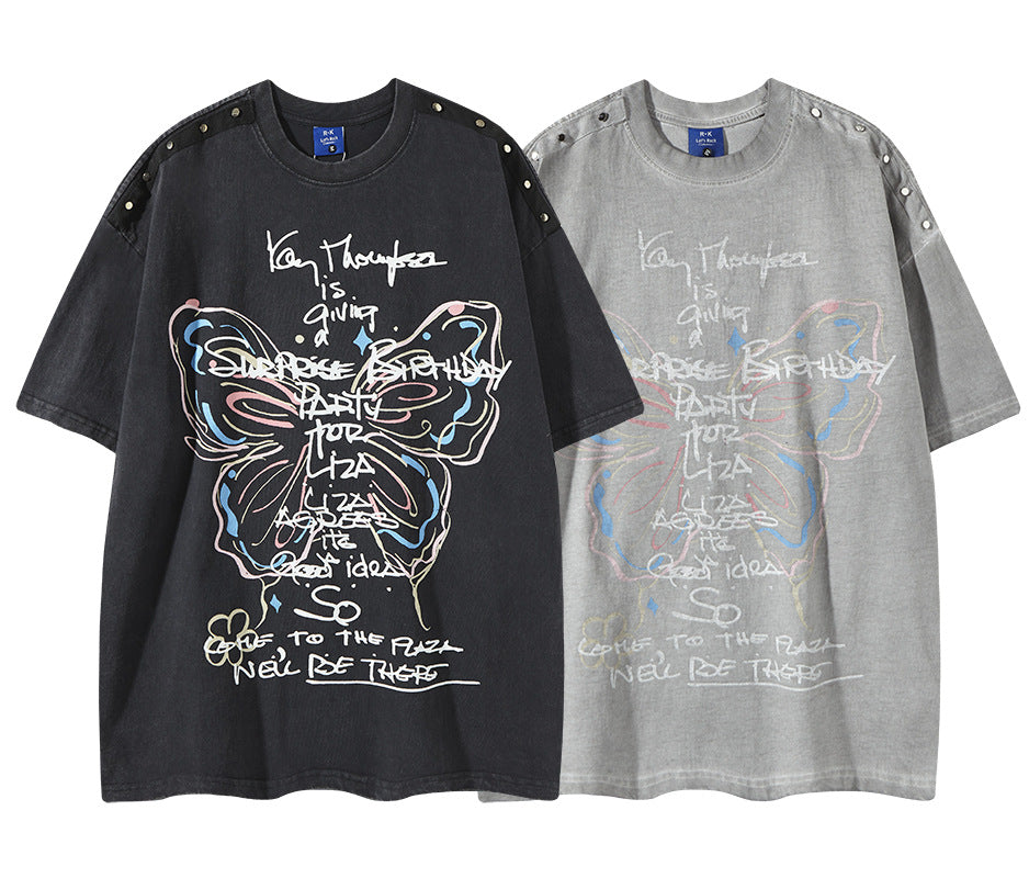 𝕃oose 𝔽it ☞𝟤𝟢𝟤𝟧 ☜美式復古炫彩蝴蝶印花風格男女中性 T-Shirt寬版上衣 RK99